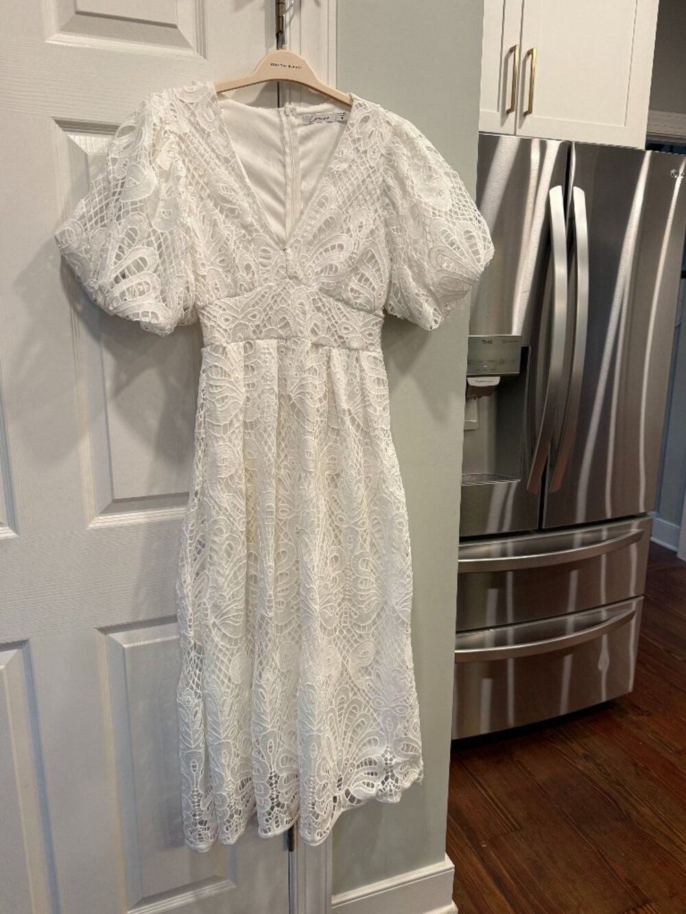 White Lace Midi Dress Puff Sleeve V-Neck Size 8